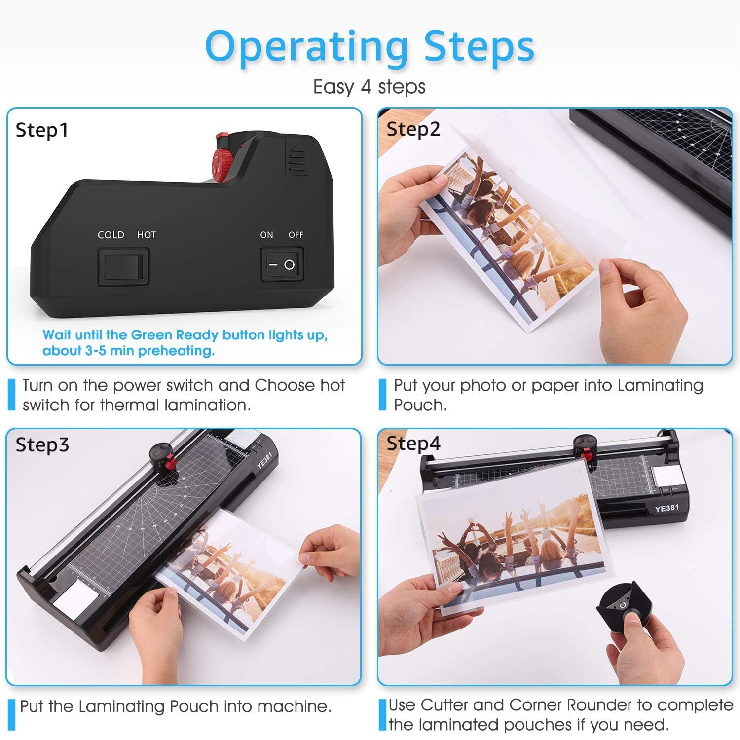 Laminator Machine for A3/A4/A6, YE381 13inch Thermal & Cold Laminating Machine for Home Office School Teacher Use with 50 Pouches, Paper Trimmer and Corner Rounder