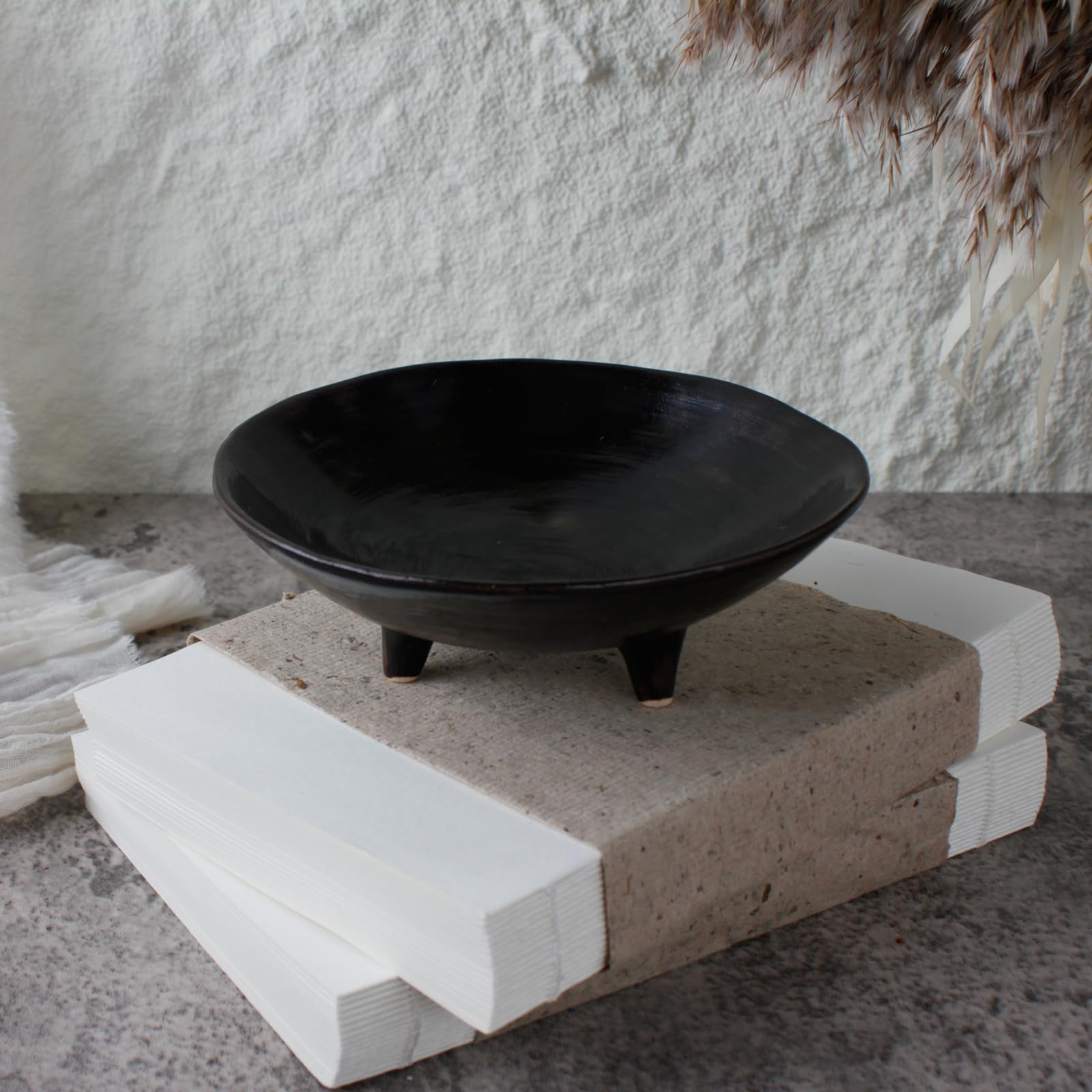 Photo 1 of Wabi Sabi Footed Decorative Bowl, Multi-Purpose Small Ceramic Bowl, Vintage Rustic Boho Shelf Table Decor, Natural Black