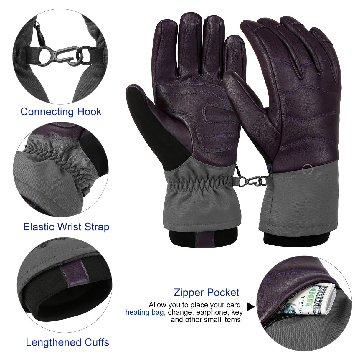 Vbiger Winter Skihandschuhe Snowboard Handschuhe Outdoor Sports Handschuhe Verdickt Warm Schnee Handschuhe für Herrenund Damen, Lila, M