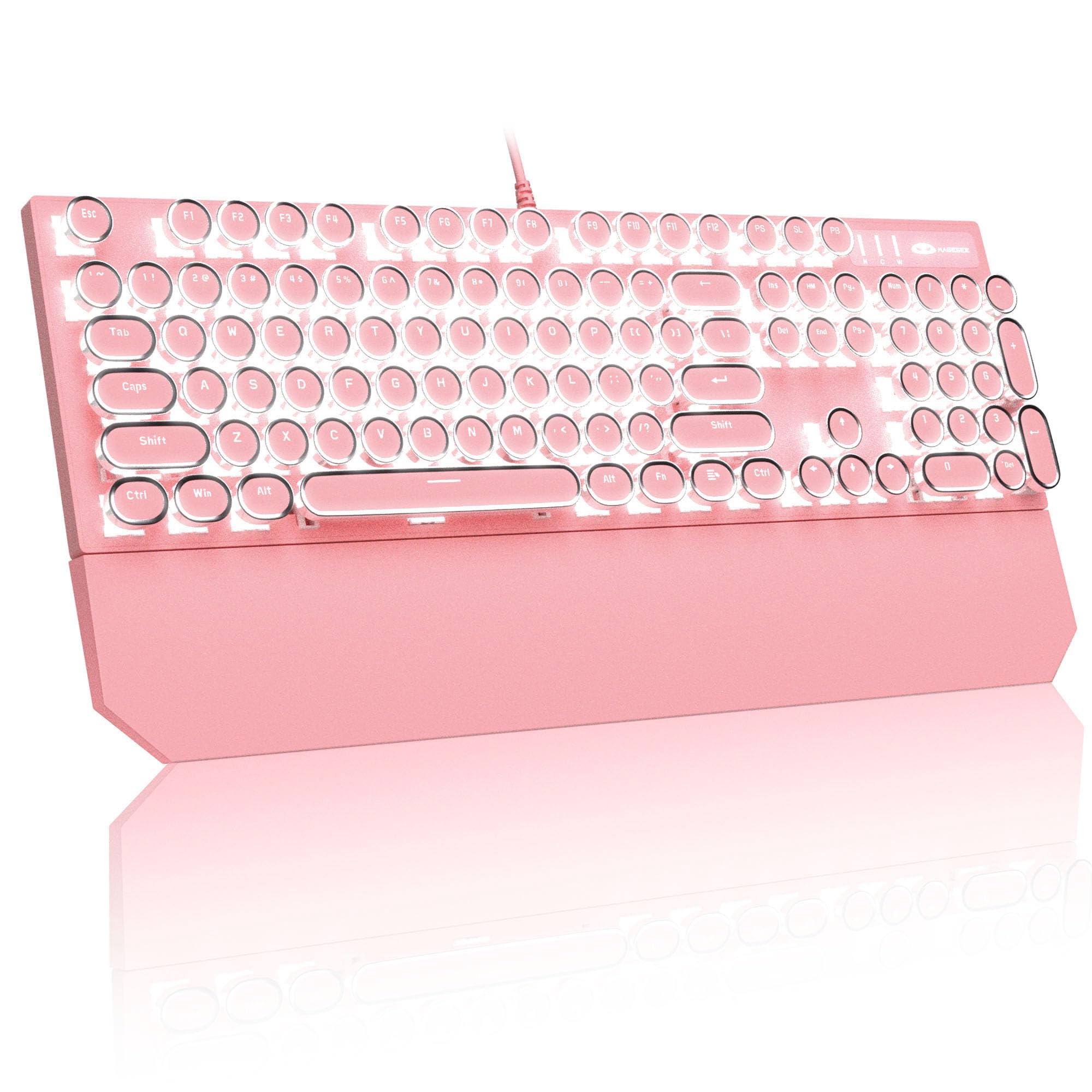 MageGee Typewriter Mechanical Gaming Keyboard, Retro Punk Pink Round Keycaps, 104 Keys LED White Backlit Wired Keyboards for Laptop MAC PC Gamer, with Magnetic Wrist Rest, Blue Switch