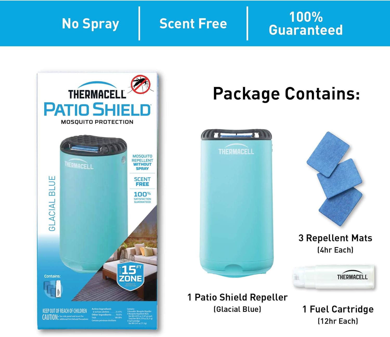 Thermacell Patio Shield Mosquito Repellent, Glacial Blue; Easy to Use, Highly Effective; Provides 12 Hours of DEET-Free Mosquito Repellent; Scent-Free, No Spray, No Smoke and Cordless: Thermacell: Garden & Outdoor