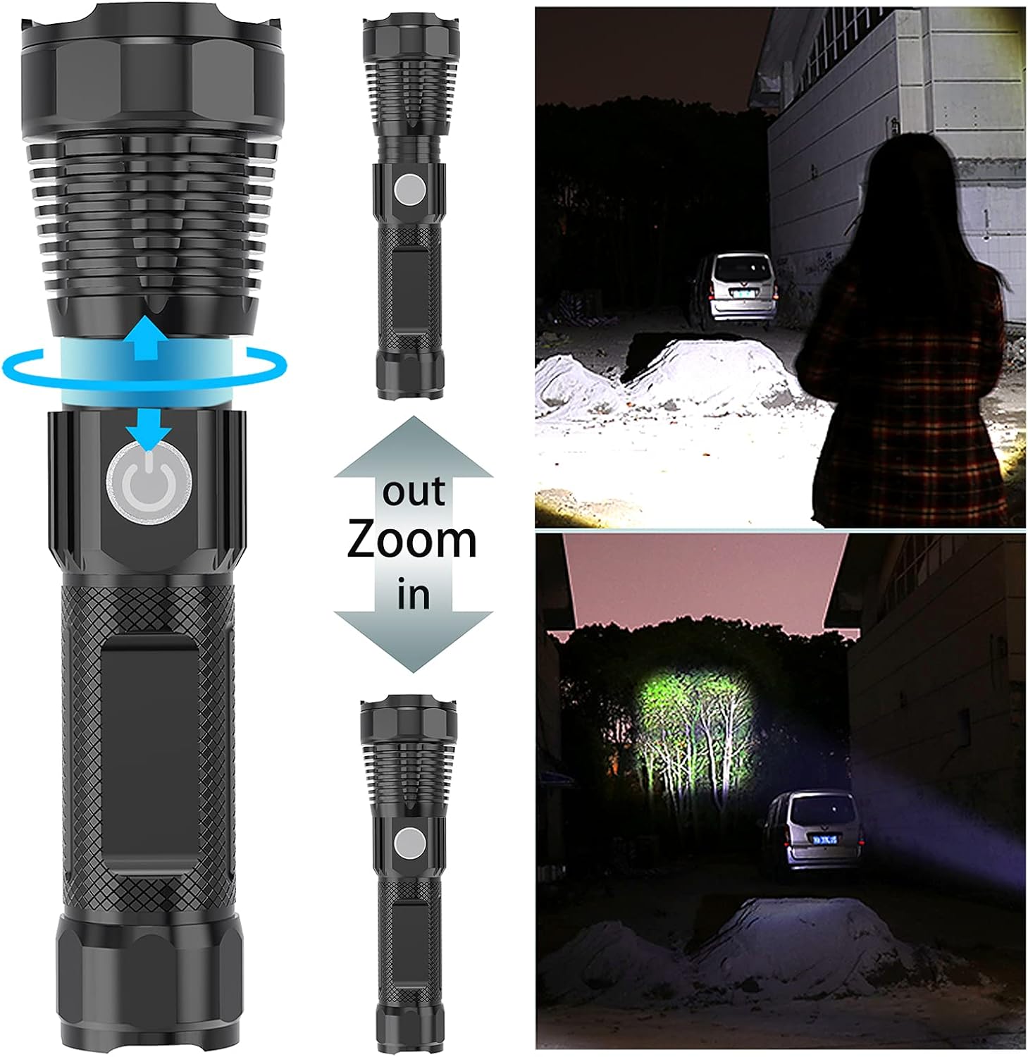 Flashlight with USB Charging Port, Charger for Phone - Wansurs LED Rechargeable Super Bright Tactical Electric Torch, Zoomable and Waterproof with Aluminum Shell and 26650 Battery (Black) - - 