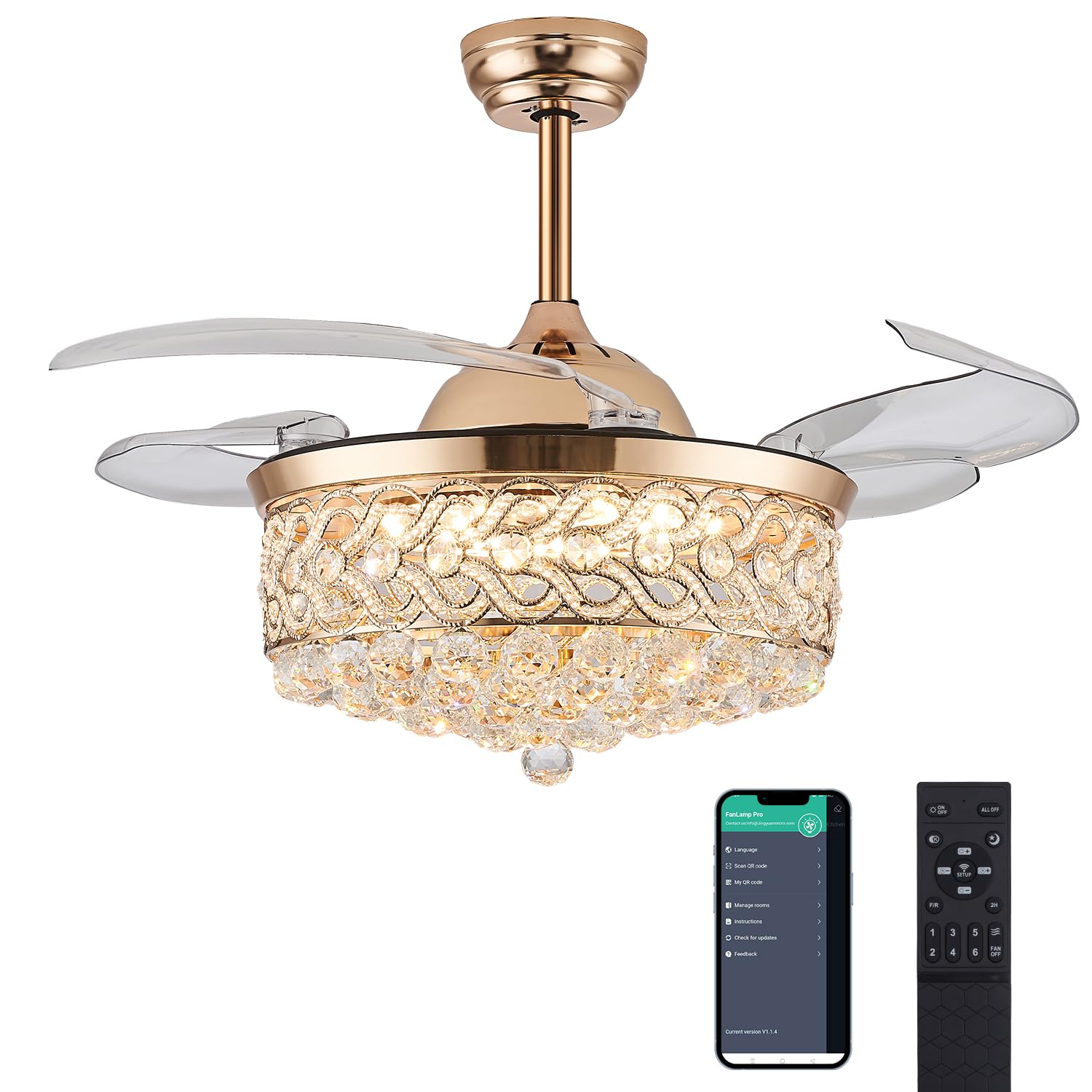 Photo 1 of 36" Dimmable Fandelier Crystal Ceiling Fans with Lights and Remote Modern Invisible Retractable Blades Chandelier Fan LED Ceiling Fan Light Kit for Bedroom