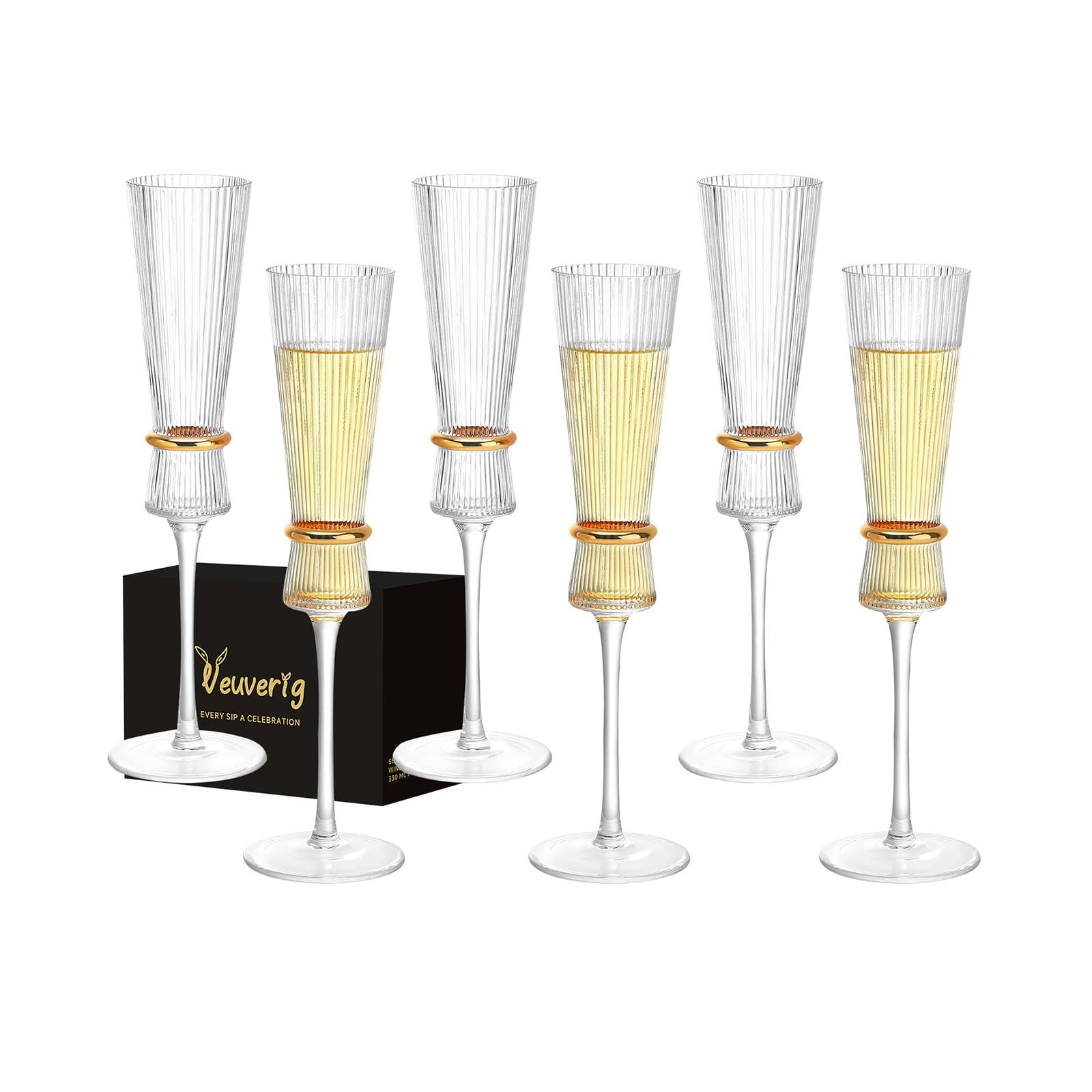 Photo 1 of Veuverig Ribbed Long Stem Crystal Champagne Flutes Set Of 6,With Gold Decoration Elegant Glassware Strong Lead-Free Clear Glasses For Weddings, Engagements,Housewarming Parties (Champagne glass,6)