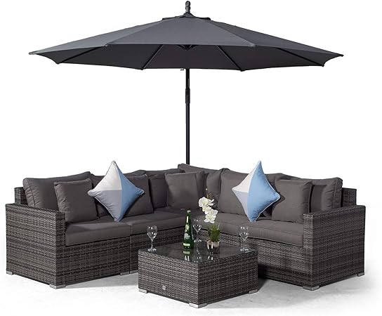Giardino Havana 5 Seat Grey Rattan Corner Sofa Set Coffee Table 3m Parasol