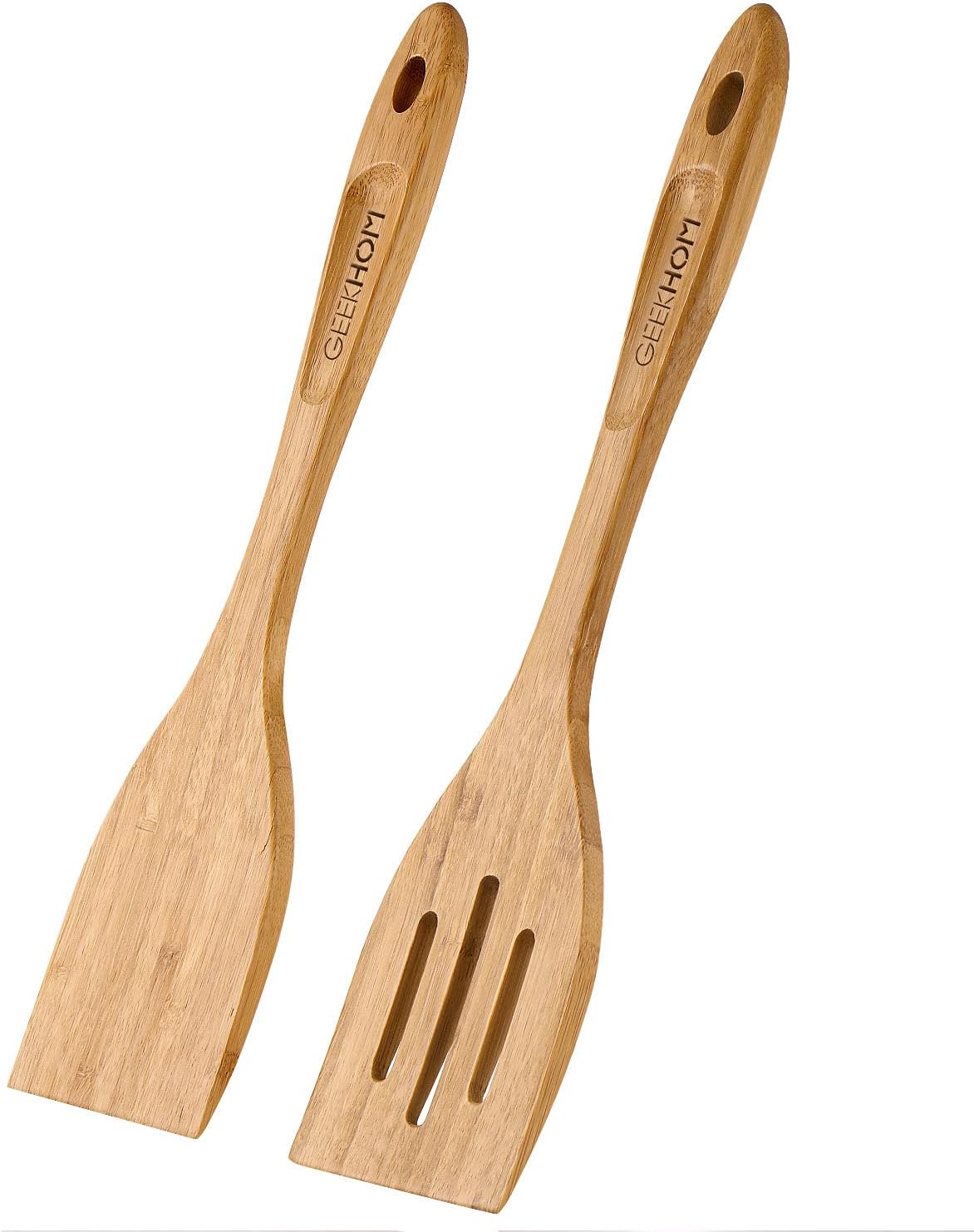 GEEKHOM Bamboo Spatulas for Nonstick Cookware, 13 Inch Extra Large Wooden Wok Turners, Wood Spoons for Cooking 2 Pack, Heat Resistant Kitchen Utensils Set, Flipper for Pancake Fish Egg