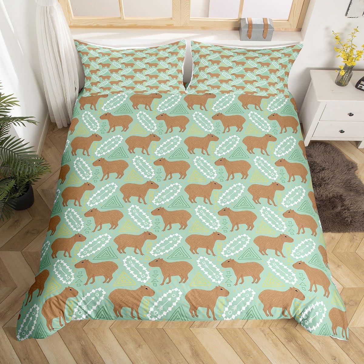 Homewish Capybara Duvet Cover Single, Tribal Geometric Bedding Set, Cartoon Abstract Triangle Arrows Comforter Cover, Funny Wildlife Rodent Teal Brown Farmhouse Bedroom Decor Quilt Cover for Kids