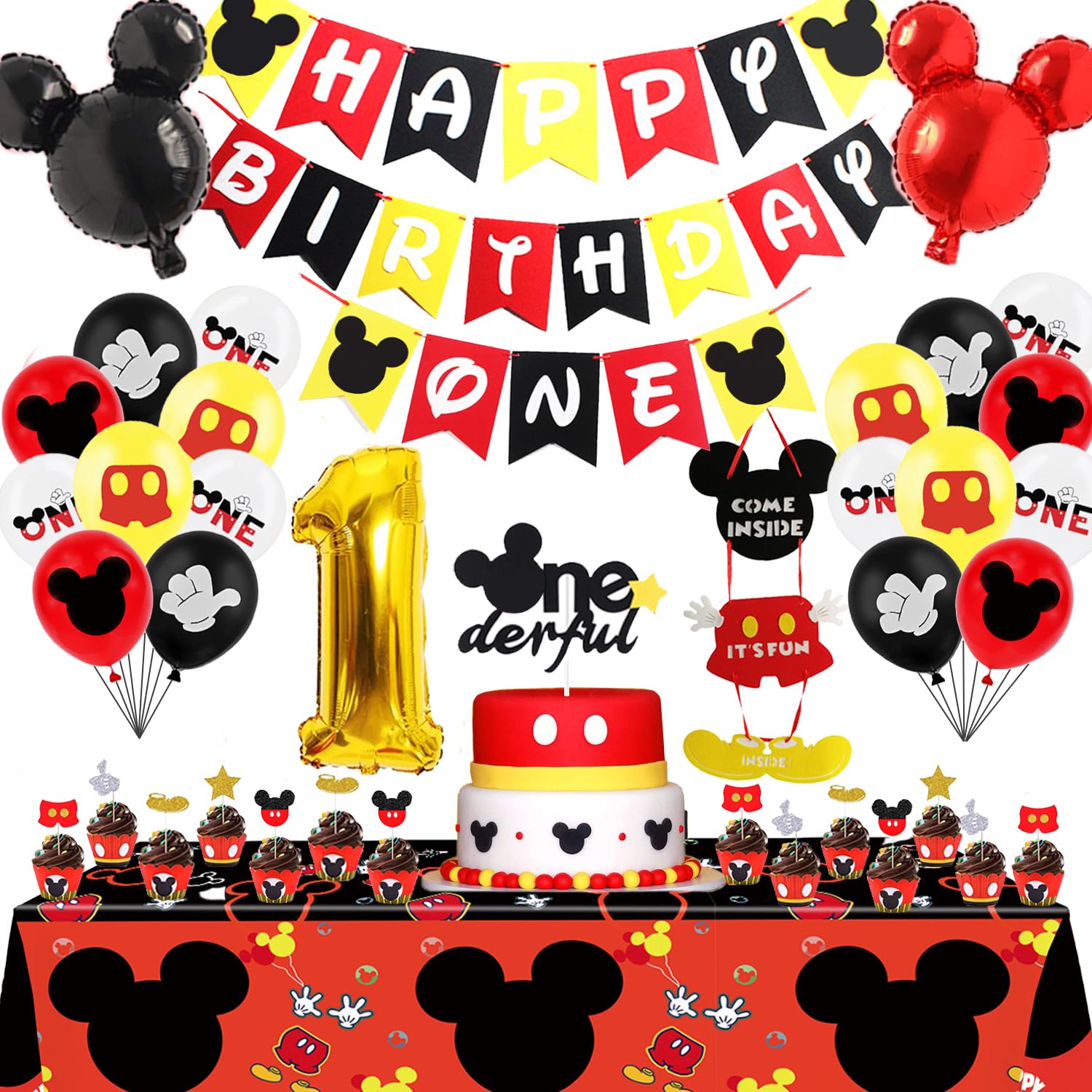 Photo 1 of 1st Mouse Birthday Party Decorations - Boy One First Party Supplies Includes Happy Birthday Banner, Door Sign, Tablecloth,Cake Cupcake Toppers,Number 1 Balloons, Latex Balloons