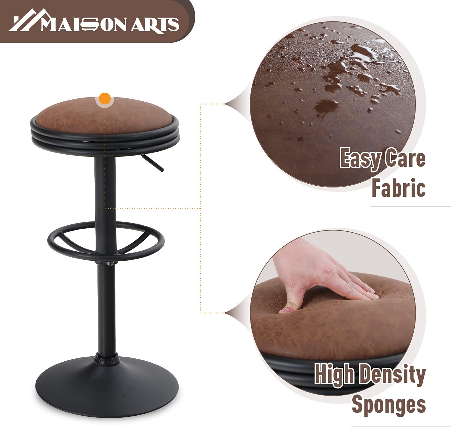 MAISON ARTS Swivel Bar Stool for Kitchen Counter Adjustable Backeless Barstool Farmhouse Counter Height Bar Chair Modern Kitchen Island Stools Backless Upholstered Round Barstool, 1 Stool, Brown: Kitchen & Dining