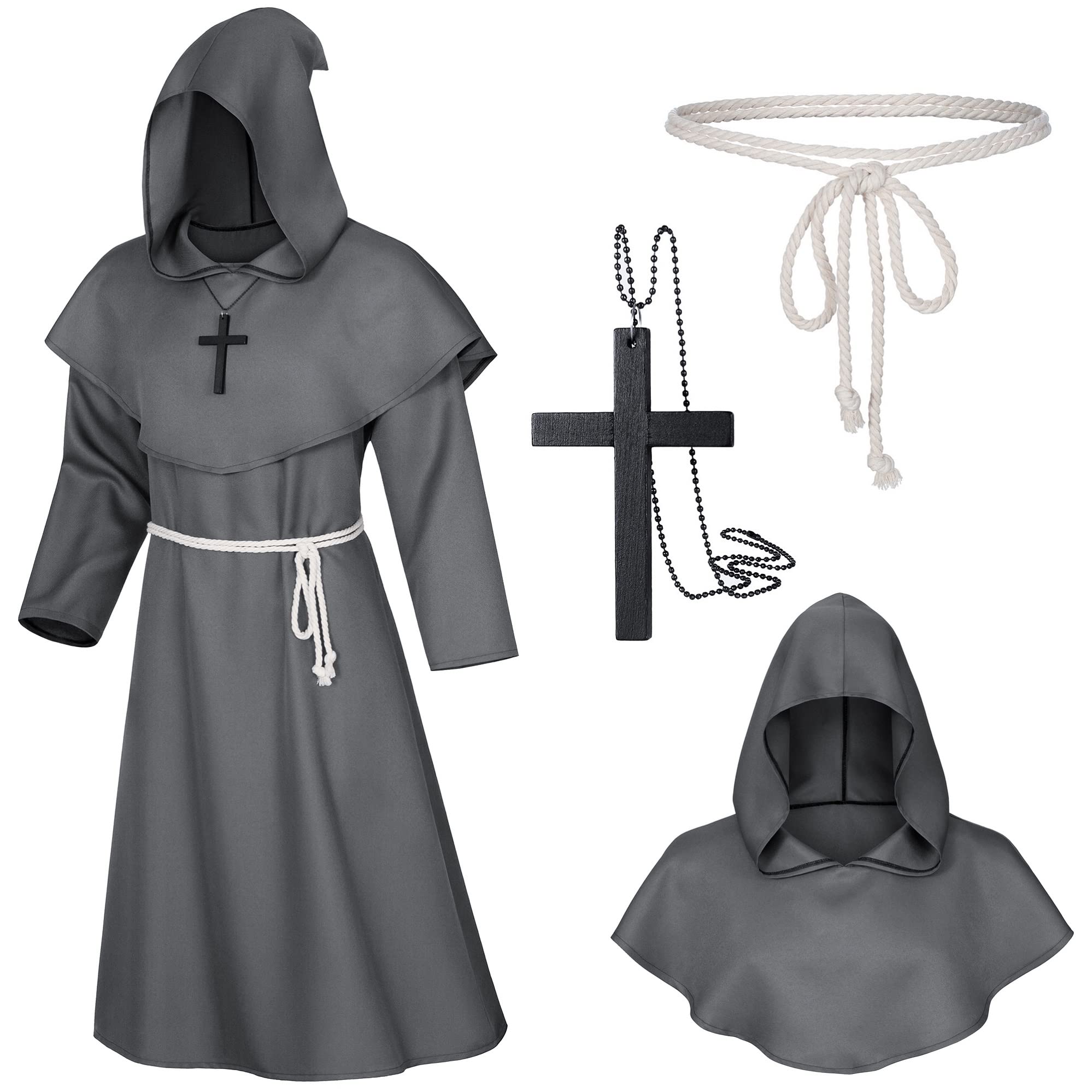 Photo 1 of TOKYO REVENGERS Medieval Renaissance Monk Friar Priest Wizard Cloak Hooded Robe Cosplay Belt Necklace Set(Gray XL)