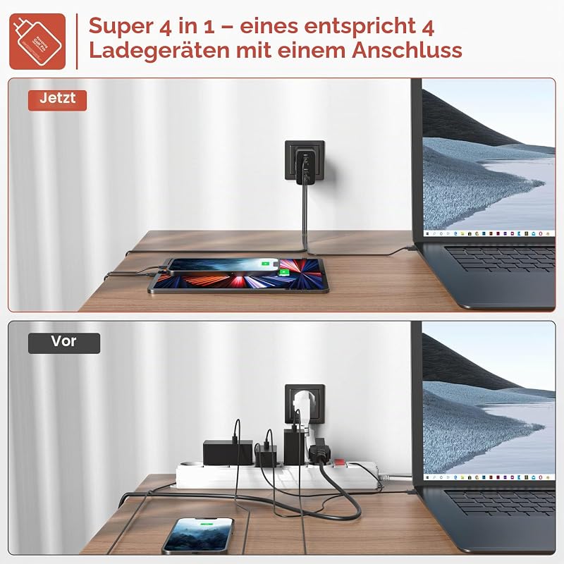 USB C Ladegerät 200W, GaN III Tech Schnellladegerät, 4 Häfen USB C Schnellladegerät für MacBook Air, Ladegerät USB C kompatibel mit Samsung Galaxy Book