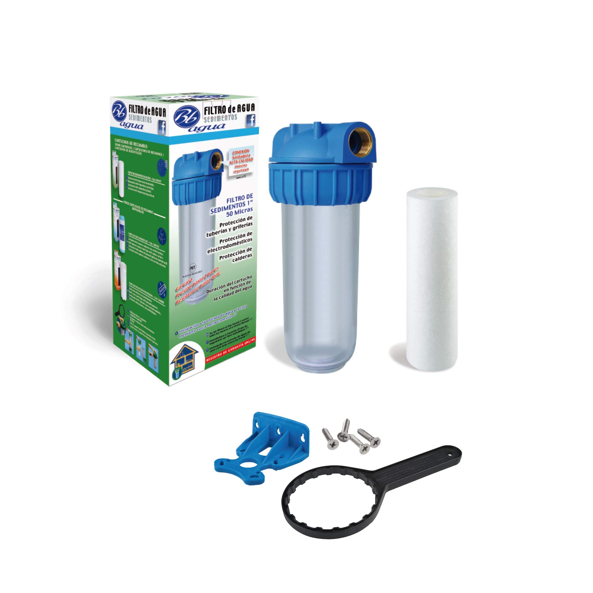 50 Micron 10" Sediment Filter. Includes 50 Micron Sediment Cartridge, Filter Holder, Filter Holder Support for Wall and Filter Holder Key. Easy Installation and Maintenance. Bbagua.