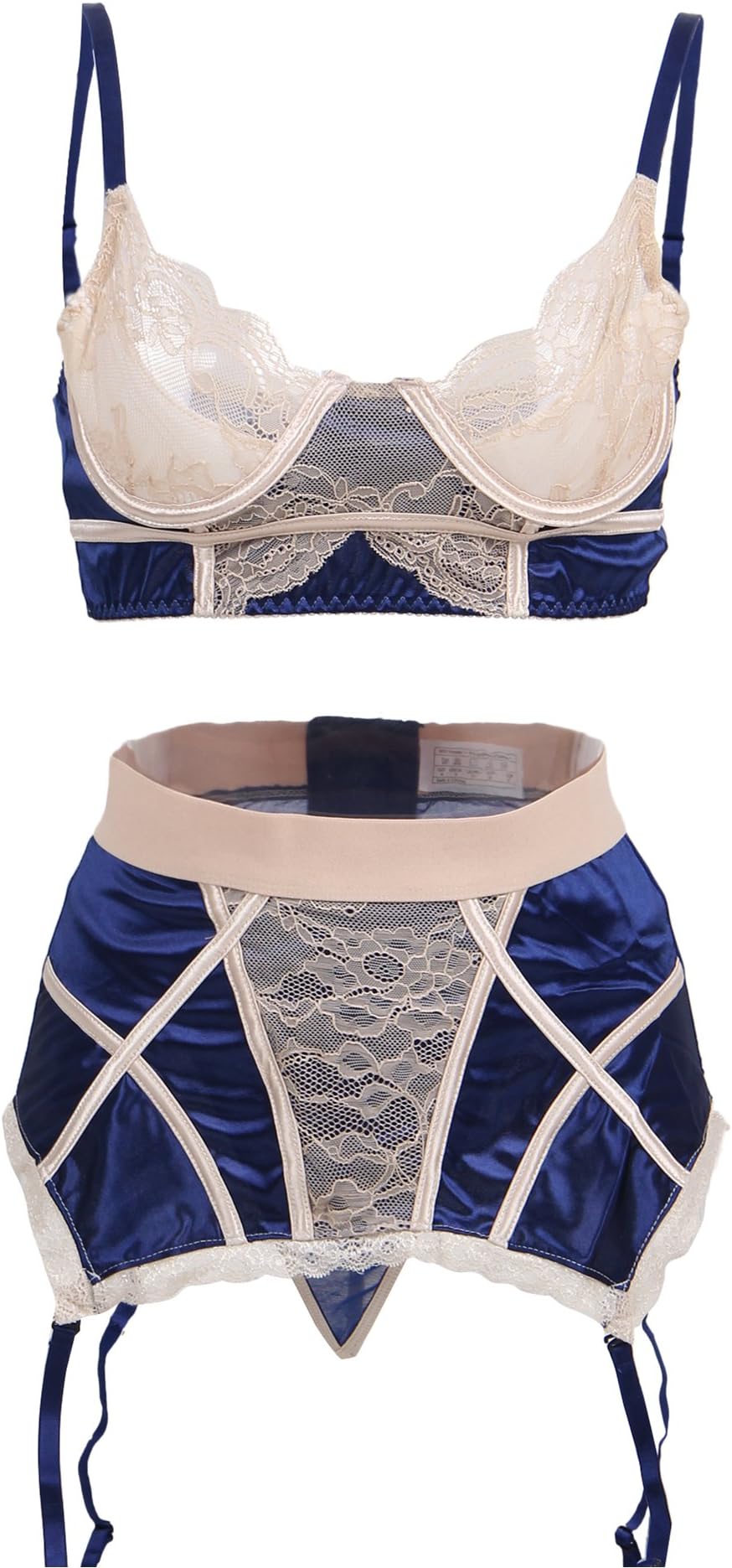Sexy Suspenders Lingerie for Women Lace Babydoll Nightwear Overlay V-neck Bra and Garter Set with Plus Size High Waist Garter Belt and G-String UK 8-22