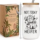 Enanaimg Funny Cute Highland Cow Print 16oz Coffee Cup Gifts for Cow Lovers Women, Not Today Heifer Glass Cups with Lids and Straws Gift for Perfect for New Mom, Mother in Law, Step Bonus,Birthday