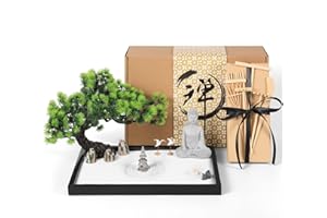 Artcome Japanese Zen Sand Garden for Desk with Rake, White Sand, Black Base, Sitting Meditation Buddha and Mini Furnishing Articles, Office Table Accessories, Mini Zen Sand Garden Kit, Meditation Gift