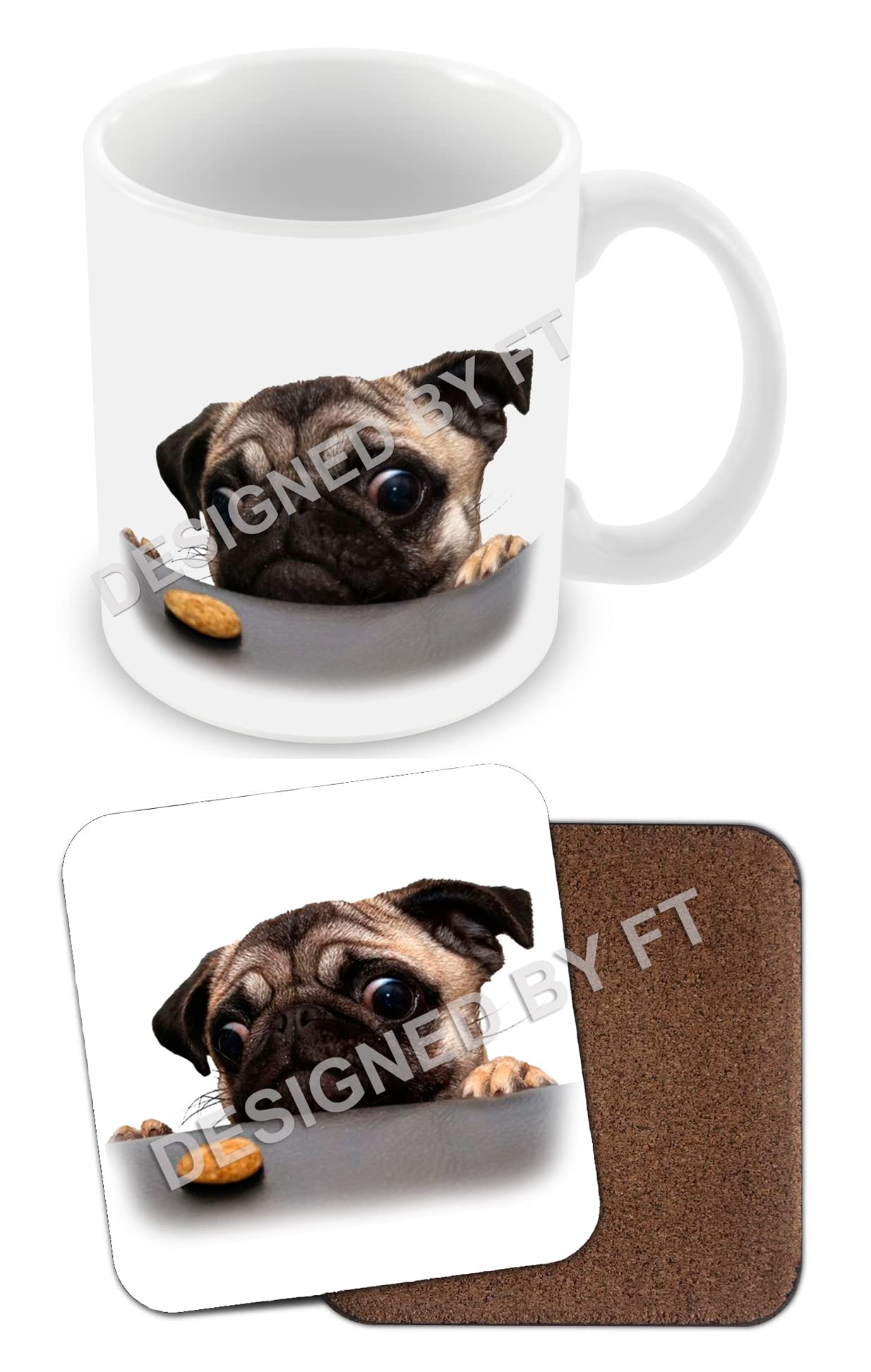 Hungry Pug - Funny Gift Mug and Coaster Set by FT.