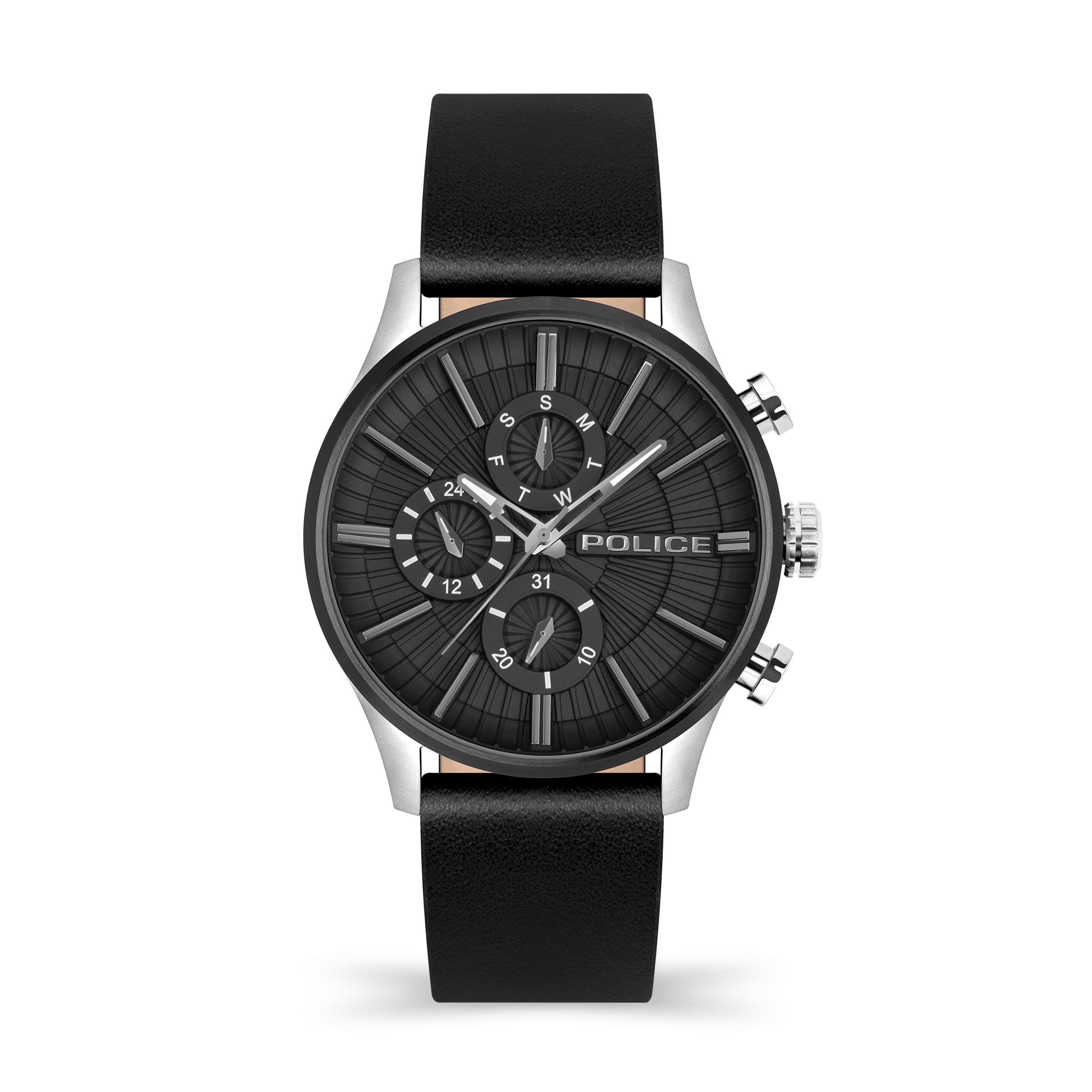 Police Barter Mens Multifunction Watch with Black Dial and Black Leather Strap, 44mm Stainless Steel Case in Branded Watch Box PEWJF2195040-2 Year Warranty