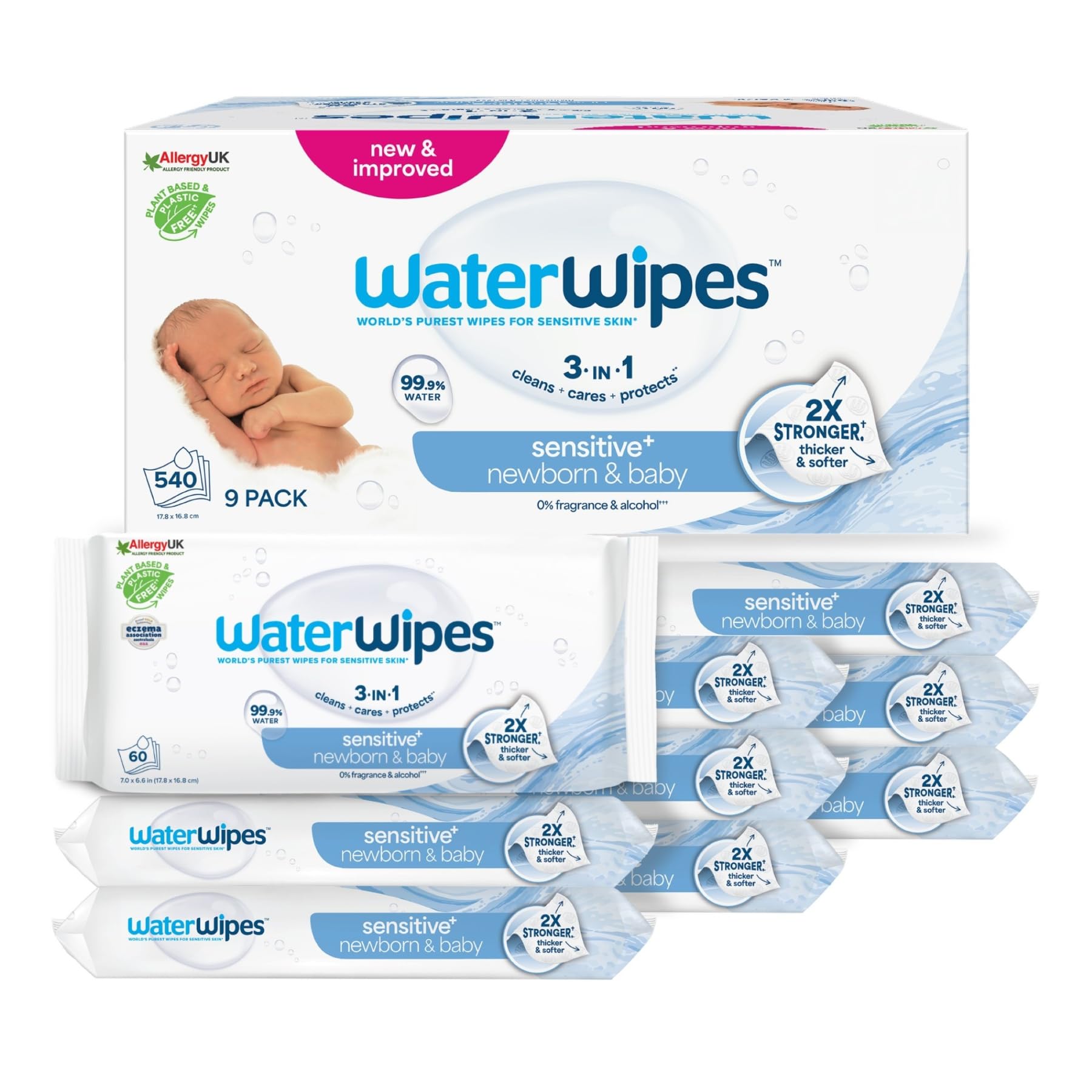 WaterWipes Sensitive+ Newborn & Baby Wipes, 540 Count (9 Packs), 3-In-1 Cleans, Cares, Protects, 99.9% Water, Unscented