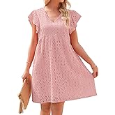 Dokotoo Womens Summer Dresses V Neck Ruffle Sleeve Cut-Out Embroidery Eyelet Lace Dress