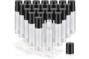 ZEJIA 10ml roller bottles for essential oils, 24 Pack Clear Roll on Bottles, Thick Glass Roller Bottles for Oils, with Stainless Steel Roller Balls, 2 Droppers