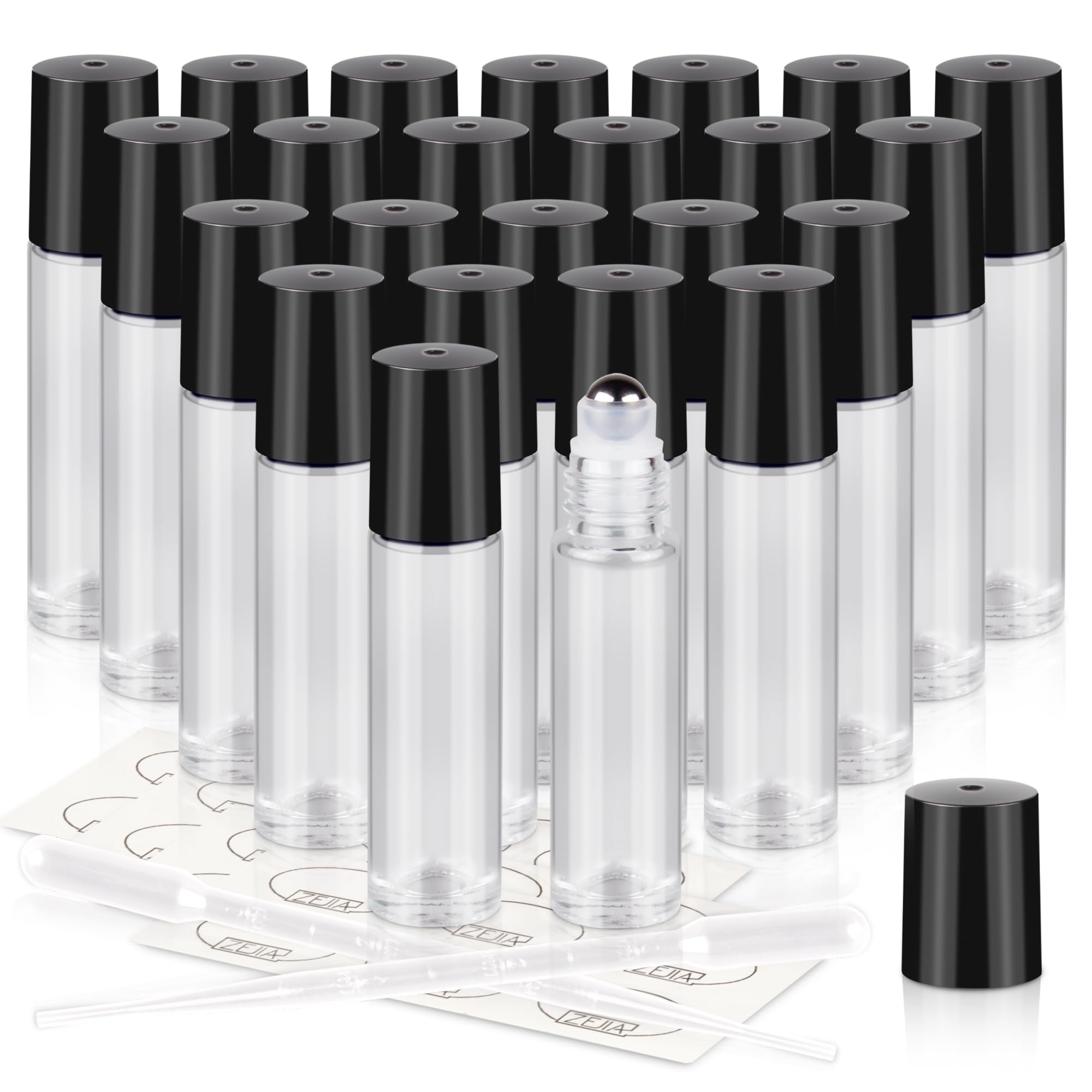 ZEJIA 10ml Roller Bottles 24Pack Clear Thick Glass Essential Oil Bottles with Stainless Steel Roller Ball and 2 Droppers