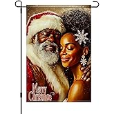 HOMETITUTE Merry Christmas Garden Flag Black Santa with African American Mrs Claus 12x18 Inch Double Sided Holiday Couple Yard Banner Seasonal Outdoor Winter Decoration for Lawn Porch Patio Pathway
