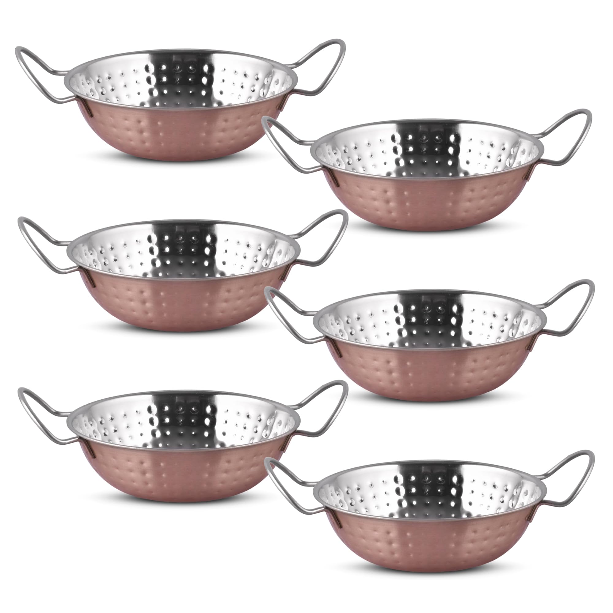 EVOKK Set of 6 Indian Copper Balti Dishes 20cm Traditional Curry Bowls with Handles Handcrafted Copper Pots for Indian Food & Restaurant Serving