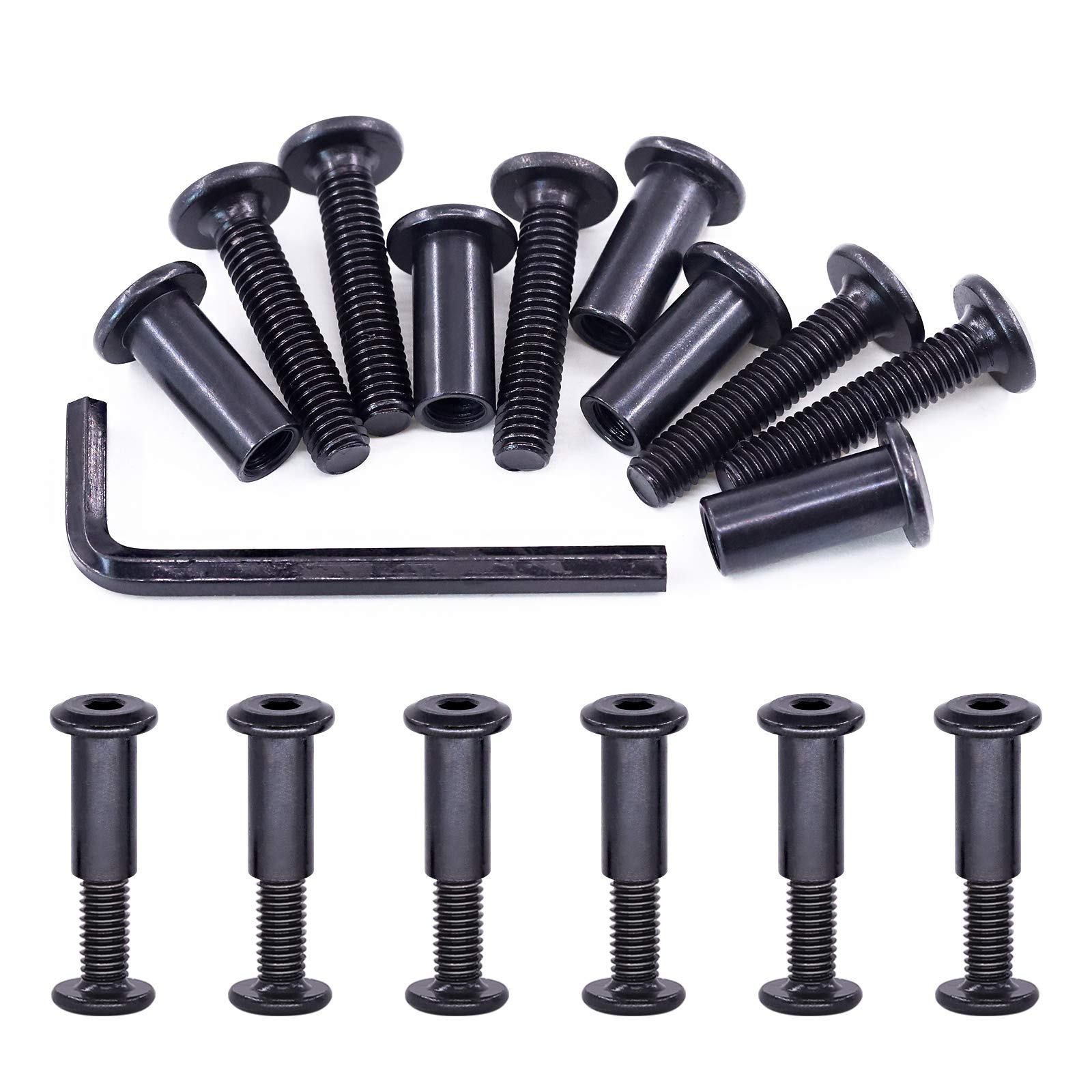 Swpeet 25Pcs M6x30mm Carbon Steel Black Hex Drive Socket Cap Bolts Barrel Nuts Assortment Kit with 1Pcs Allen Wrench, Screw Post Fit for Furniture Countsunk Belt Buckle Leather Binding Bolts