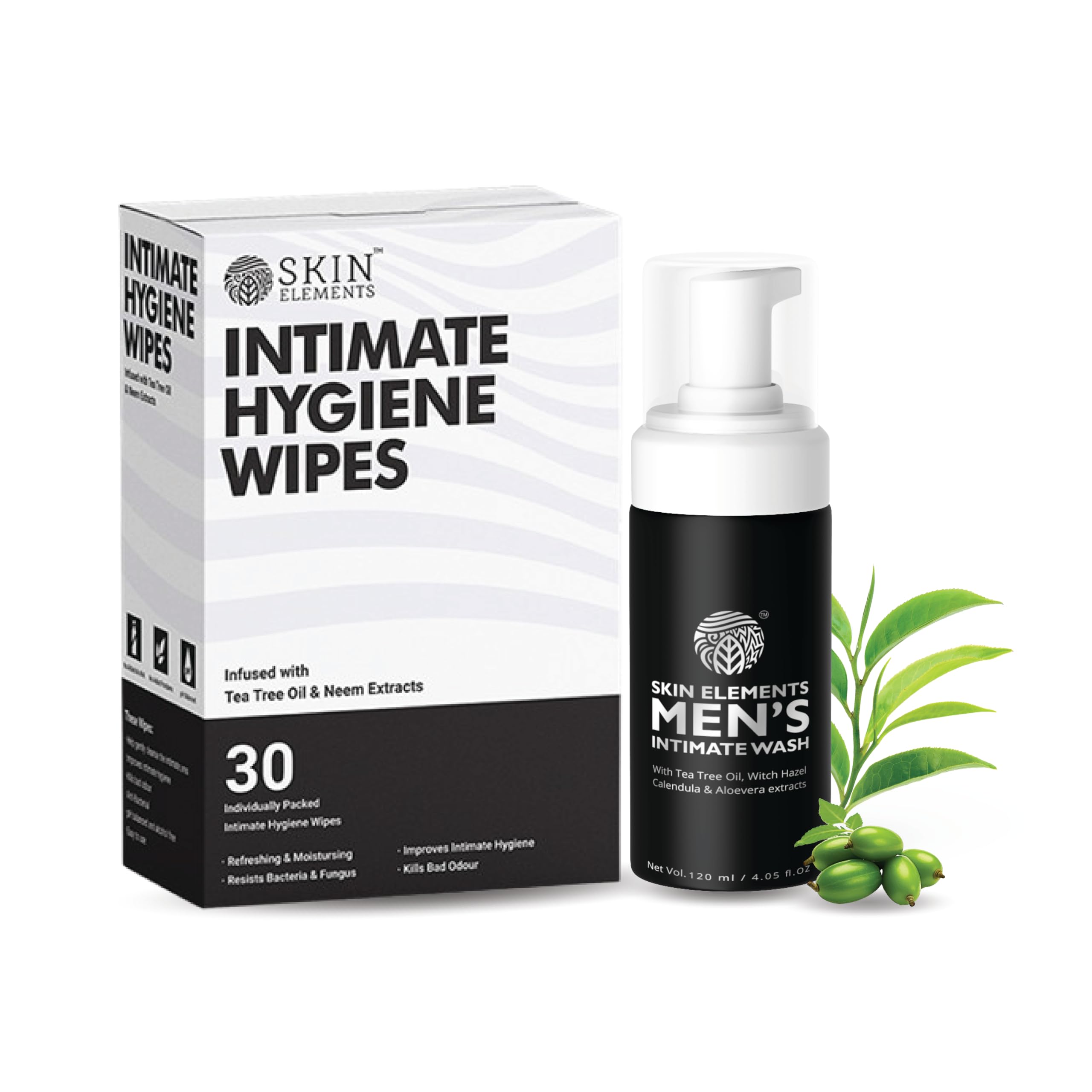 Skin Elements Intimate Hygiene Combo| Intimate Wash Men 120 ml+Intimate Wipes 30 Individual Sachets With Tea Tree & Neem Extracts - pH Balanced Foaming Wash Controls Odor
