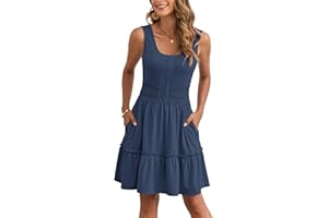 WNEEDU Womens Summer Dress 2026 Sleeveless Tank Button Down Dresses Ruffle Tiered Smocked Elastic Waist Casual Mini Dress