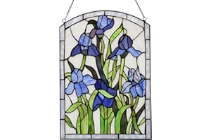 YOURANJU Iris Stained Glass Window Hanging 16" H x 11" W Tiffany Style Blue Rectangular Window Panel Suitable for Living Room Bedroom Kitchen Window Decoration Hangings with Chain