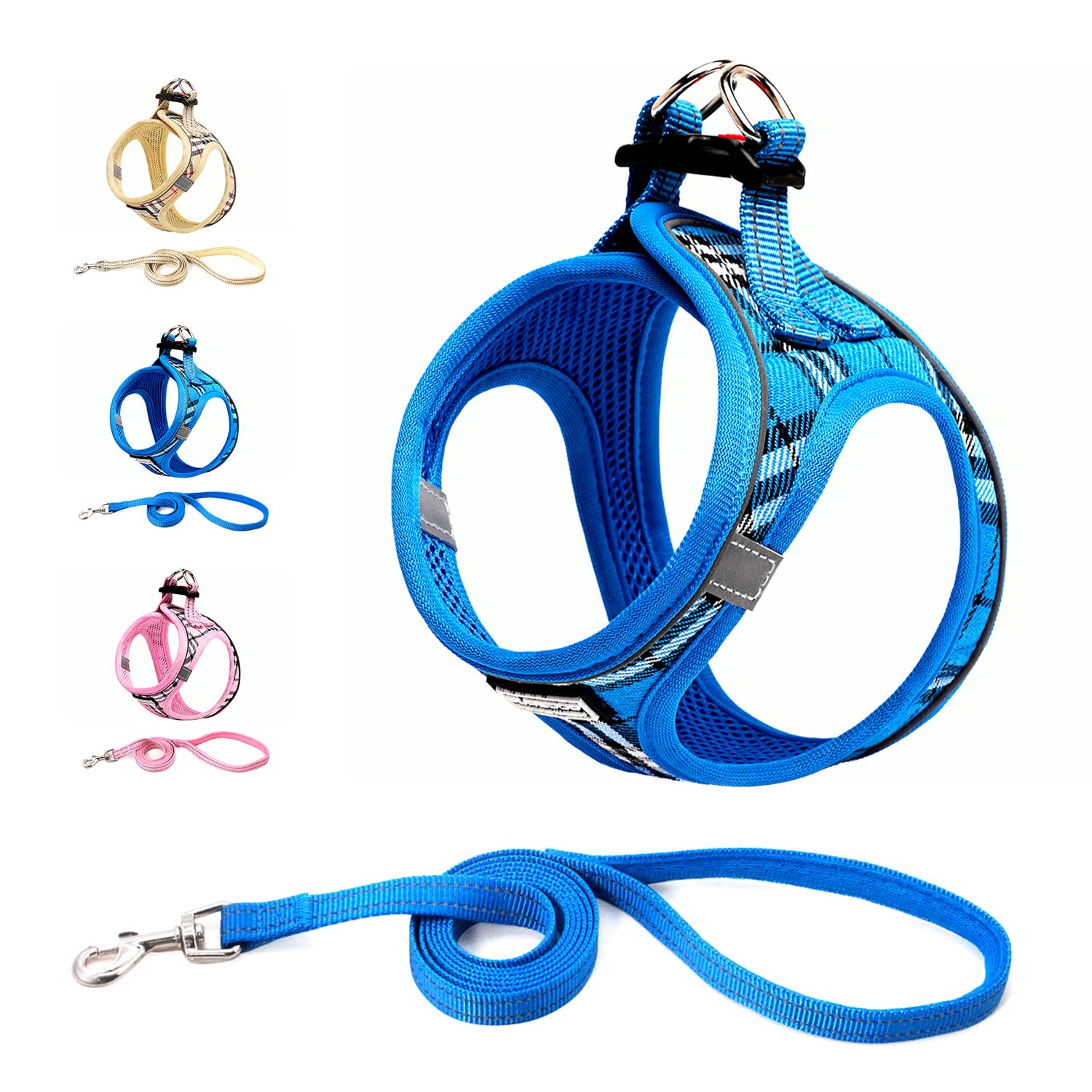 Suredoo Dog Harness and Lead Set, Step-in Breathable Reflective Puppy Cat Dog Vest Harnesses for Small Dogs (XL, Blue Plaid, Chest: 46-53cm)