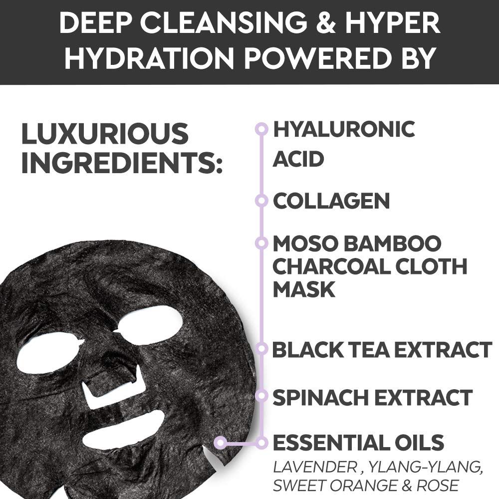 Face Mask for Korean Skincare - Sheet Mask for Detoxifying, Cleansing, Moisturizing and Brightening Skin | Dermatologist Tested Charcoal Face Mask with Collagen & Hyaluronic Acid for Soft Skin, 8 Pack : Beauty