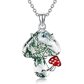 YAFEINI Mushroom Necklace Moonstone/Moss Agate/Malachite/Labradorite/Turquoise/Amber/Larimar/Black Onyx/Lapis Lazuli/Peridot/Opal Sterling Silver Mushroom Pendant Mother's Day Jewelry for Women Mom
