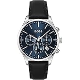 BOSS Avery Men's 42mm Chronograph Stainless Steel Case and Leather Watch, Water Resistant up to 5ATM/50 Meters, Business Elegance