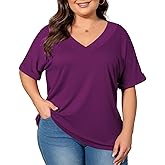 CARROTMOB Women's Plus Size Casual V Neck T-Shirt Loose Fit Short Sleeve Blouse Curvy Tunic Top Fashion Clothing