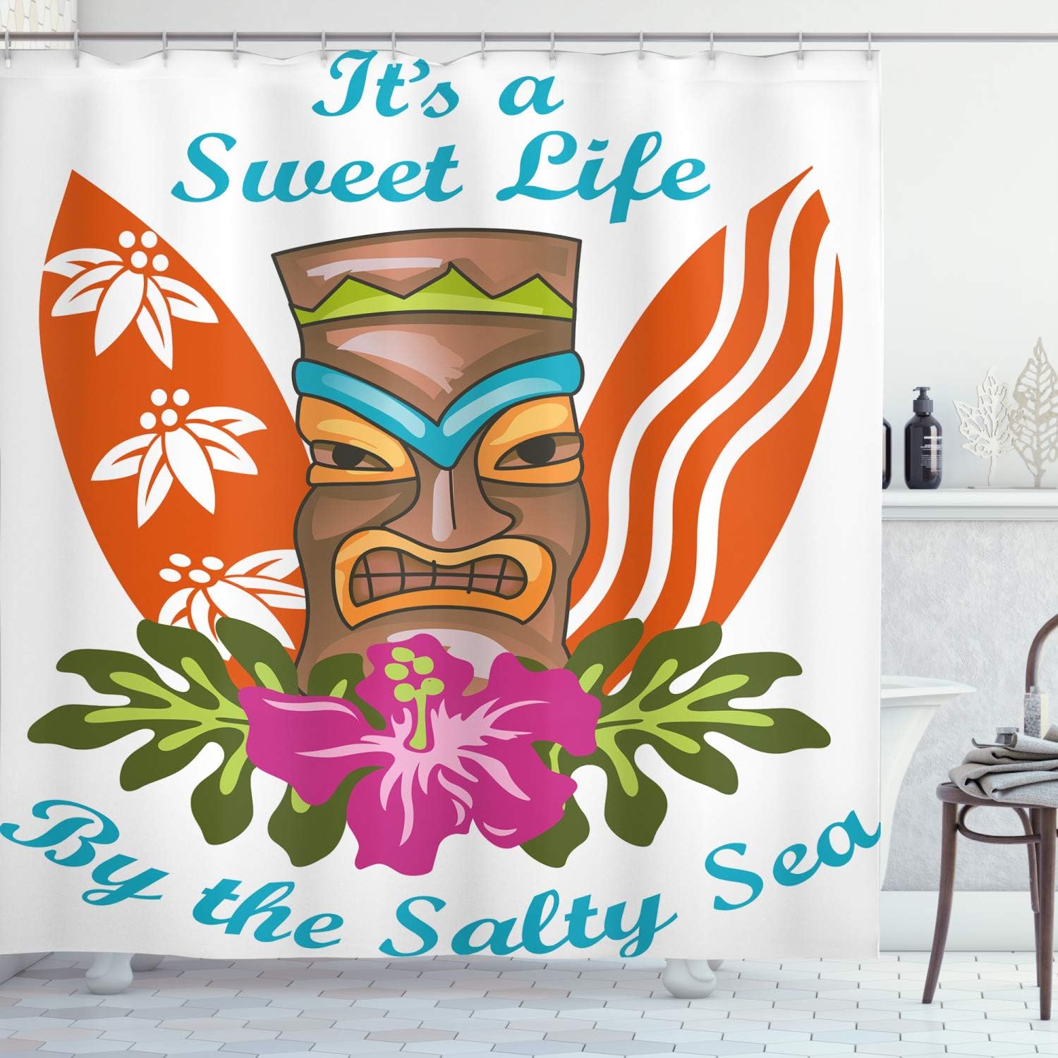 Amazon Com Ambesonne Tiki Bar Decor Shower Curtain Sweet Life By The Salty Sea Text With Tiki Figure And Hibiscus Flower Print Fabric Bathroom Decor Set With Hooks 70 Inches Multicolor Home