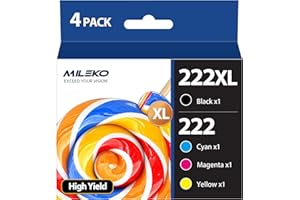 (Newest Chip) 222XL Ink Cartridges Combo Pack Replacement (4-Pack, B/C/M/Y) MILEKO- Compatible 222XL 222 Ink Cartridges Reman