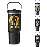 LLZTWOWD Sasquatch Tumbler with Handle Travel Mug Bigfoot Coffee Cup Big Foot Gifts for Men Women Funny Bigfoot Glass Mountain Print (Sun, 30oz)