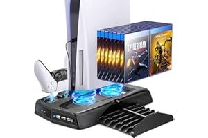 UeeVii PS5 Vertical Stand with Cooling Fan Dual Charging Station Dock for Playstation 5 Digital Edition and DualSense 14 Retractable Game Storage 3 USB Ports
