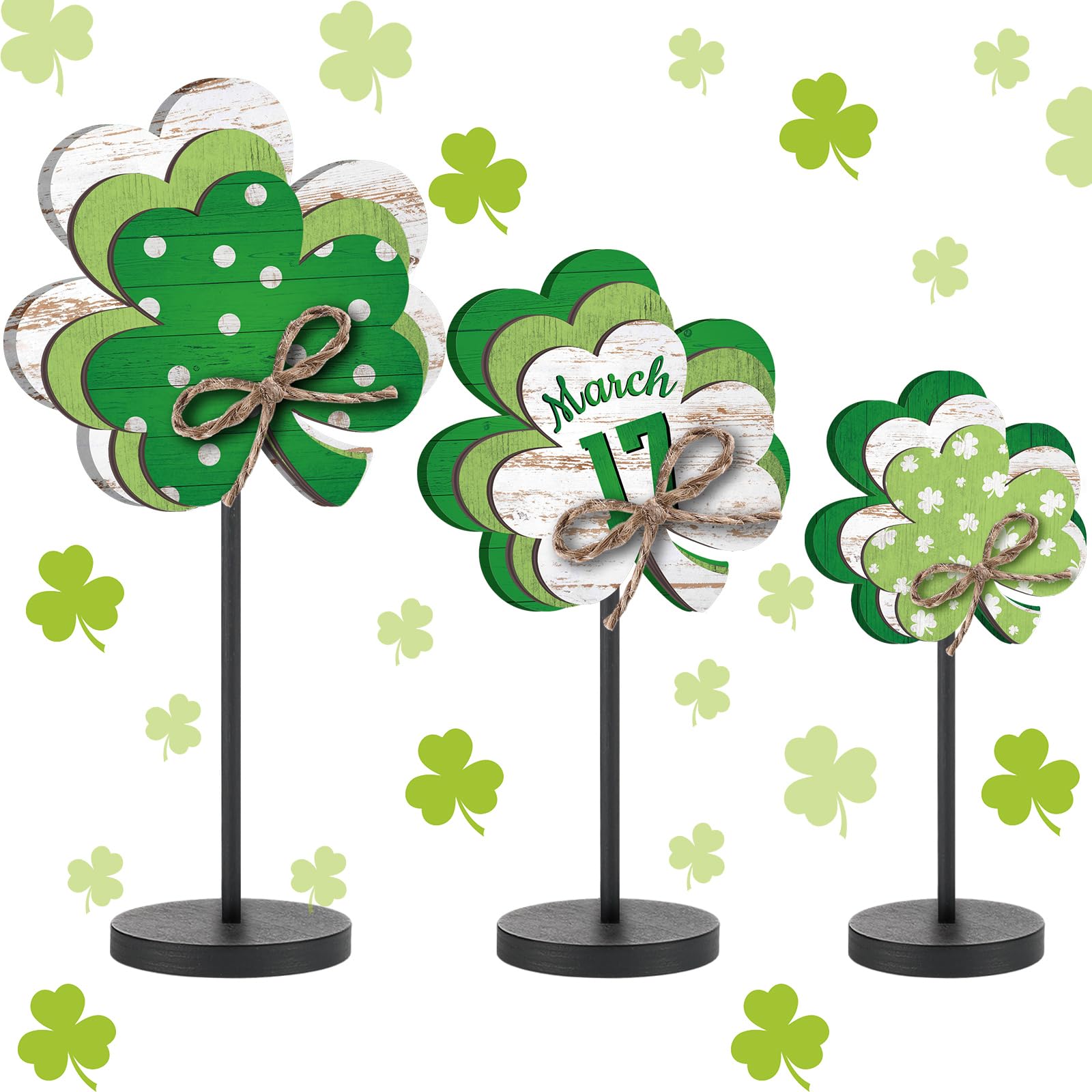 Photo 1 of 3 Pcs Large St Patrick's Day Shamrock Wooden Block Set Wood Clover Standing Table Sign Irish Decor Clover Table Centerpieces Irish Shamrocks Ornaments for Home Farmhouse Office Kitchen(Classic)
