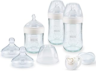 NUK 10225162 Nature Sense Glasflaschen Set, Babyflaschen aus Glas, Trinksauger und Genius Schnuller, 0-6 Monate, weiß
