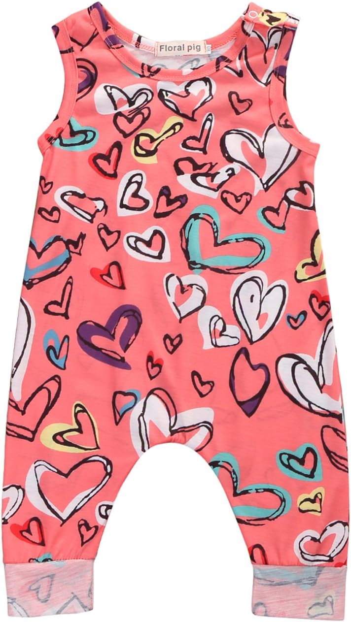 Greenafter Baby Girls Colorful Heart Printed Sleeveless Rompers Kids Overalls Sunsuits Outfits