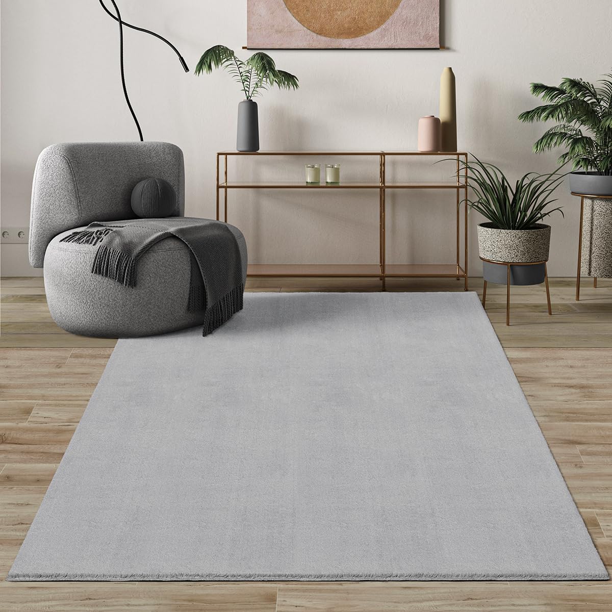 Mias Teppiche Comfort Modern Fluffy Short-Pile Carpet, Anti-Slip Backing, Washable up to 30 Degrees, Super Soft, Faux Fur Look, Grey, 60 x 110 cm