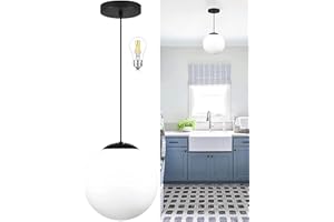KoKo&Yukina 8-inch Globe Pendant Lighting for Kitchen Island Mid Century Modern Hanging Light Fixture with Milk Glass Globe Glass Black Industrial Hanging Ceiling Lights for Sink Bathroom Entryway