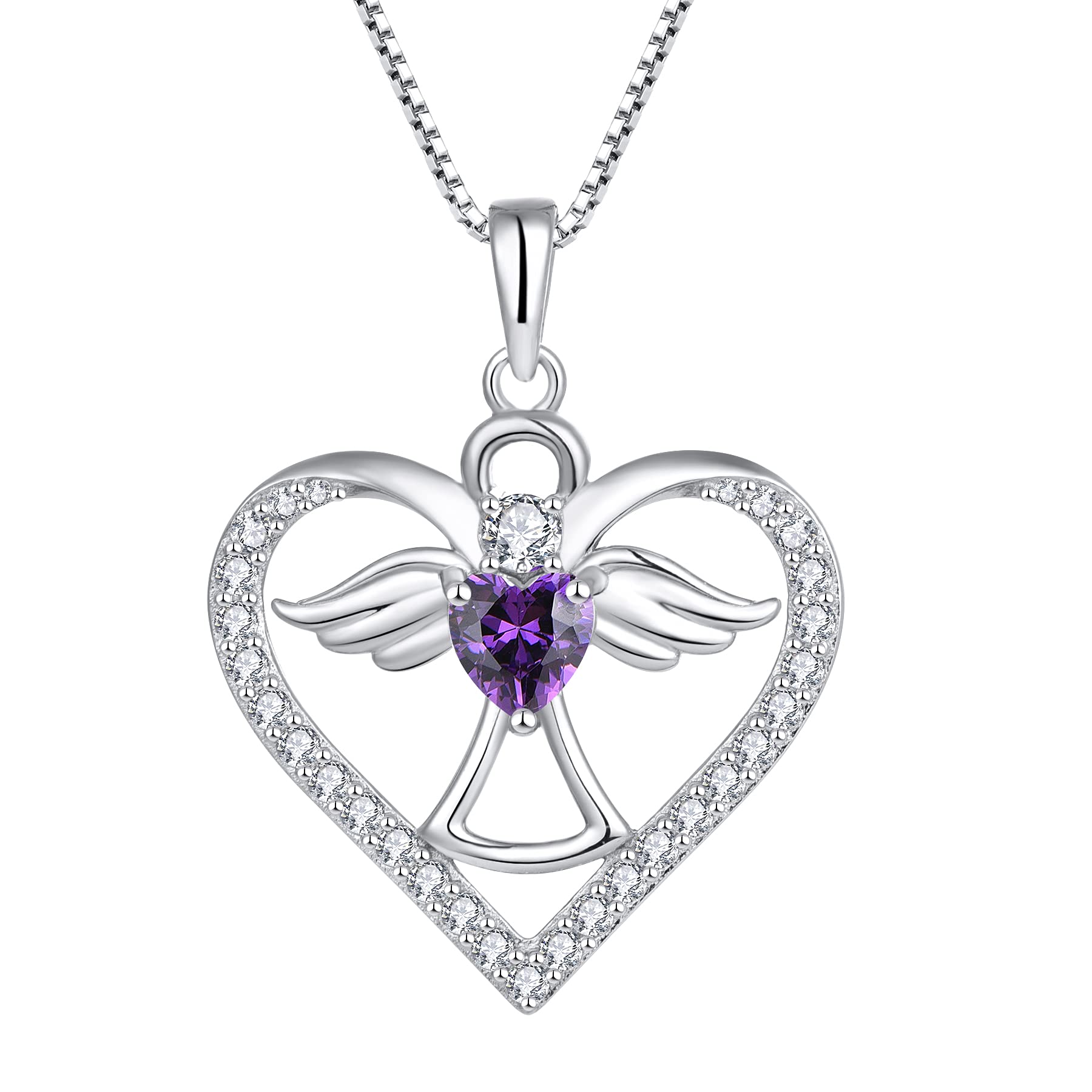 FJ Guardian Angel Necklace 925 Sterling Silver Heart Angel Wings Pendant February Birthstone Necklace Amethyst Jewellery for Women