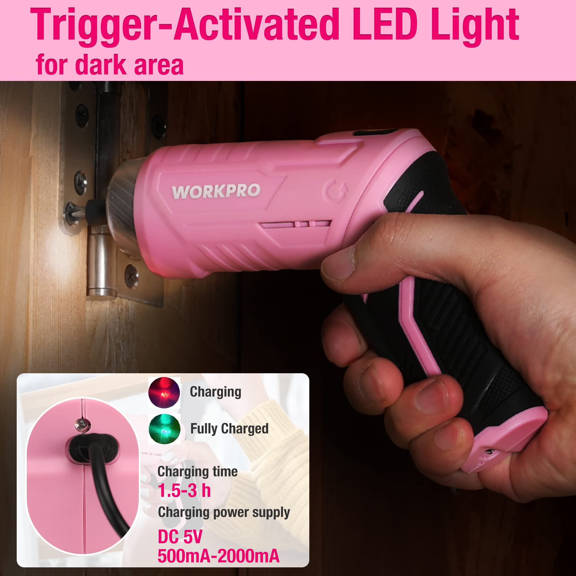 WORKPRO Werkzeugset Rosa pink 18 tlg. mit USB C Akkuschrauber klein, pinker Werkzeugkoffer gefüllt Haushalt, Werkzeugsatz für Heimwerker, Kinder, DIY Bastelei 6