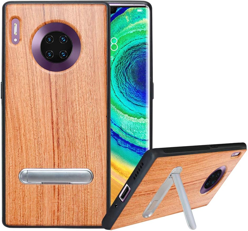 HHDY Compatible with Huawei Mate 30 Pro Case with Metal Kickstand, Hard Natural Wood Back with Flexible TPU Bumper, Anti-Scratch, Wooden Cover for Huawei Mate 30 Pro, Wooden