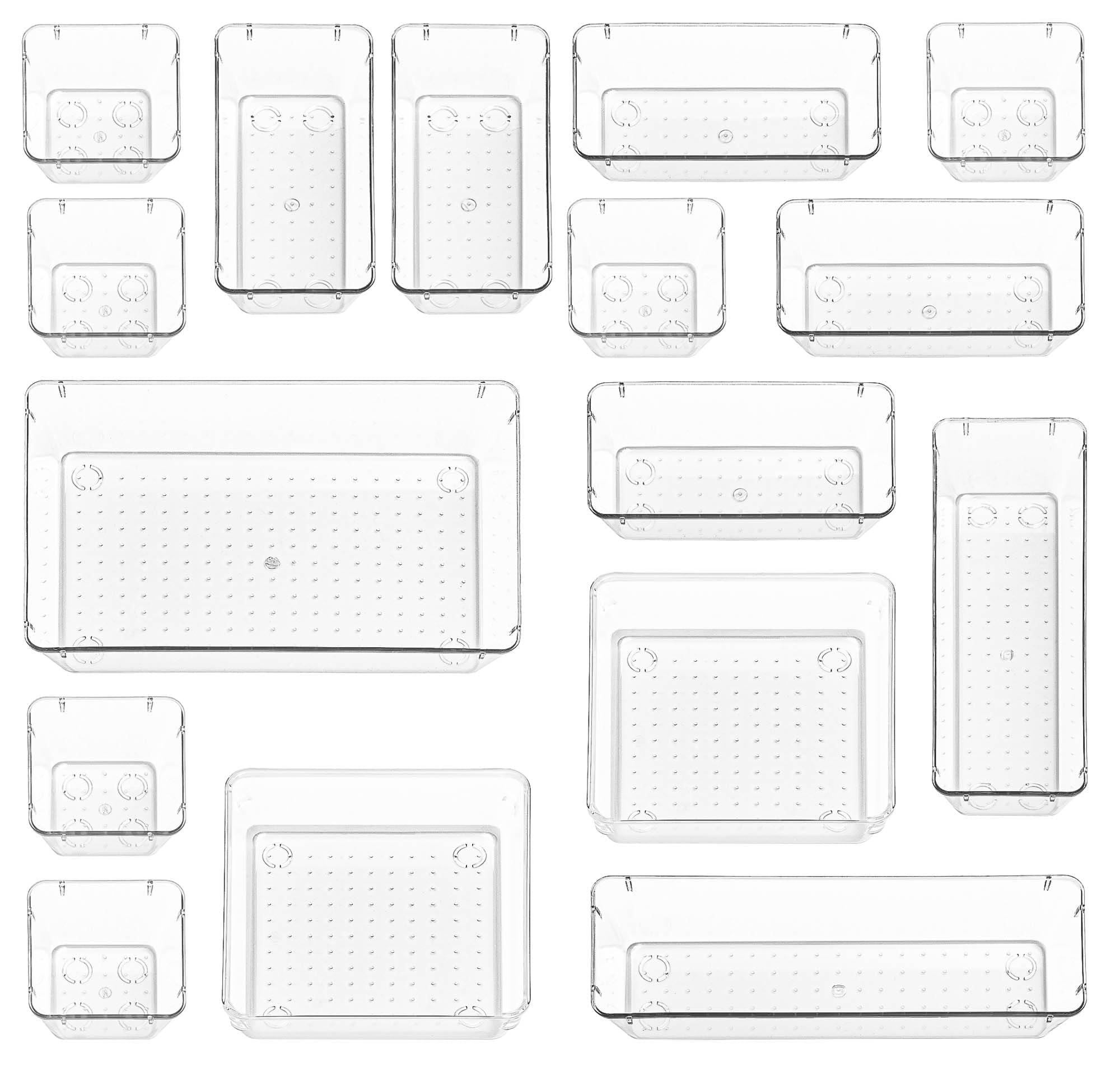 Stackzy Drawer Organiser Set – Makeup Organiser Tray for Drawers – Clear Cosmetics Container Tray for Bedroom – Utensil Cutlery Set Divider – Kitchen Storage & Organisation – 16pack