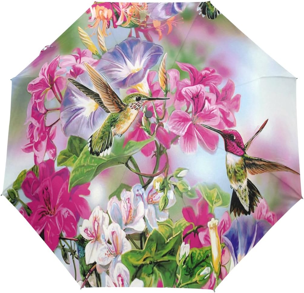 Yoshop Beautiful Hummingbirds With Flowers Art Automatic Storm-resistant Rain Umbrella Compact Sun Parasol